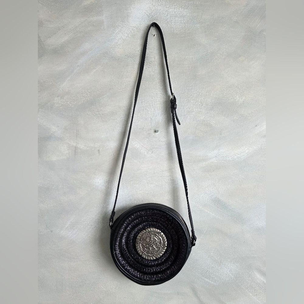 Free People Round Boho Hippie Black Woven large silver Medallion Plate Bag 8'